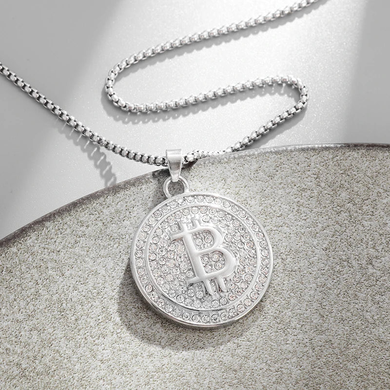 Bitcoin Pendant Necklace with Rhinestones