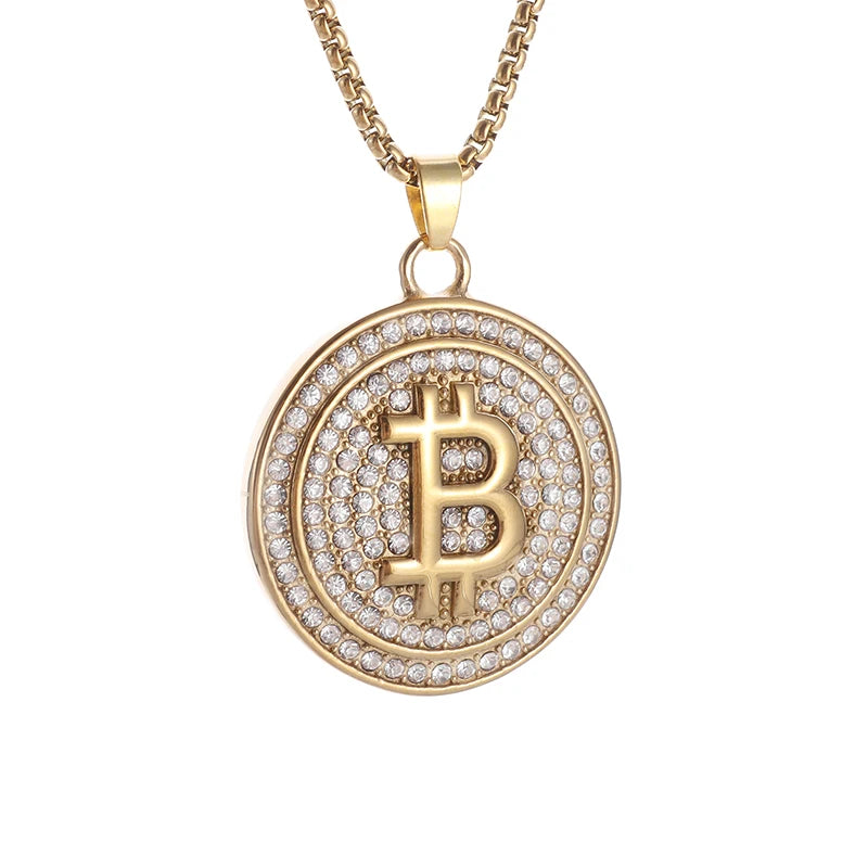 Bitcoin Pendant Necklace with Rhinestones
