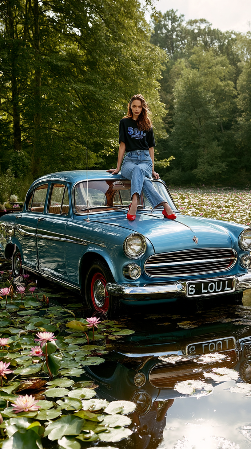 Woman standing on a vintage blue car by a pond with lilies and trees in the background