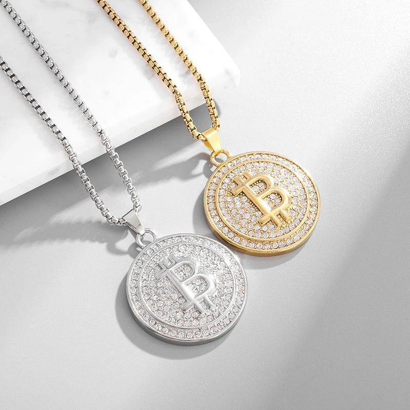 Bitcoin Pendant Necklace with Rhinestones