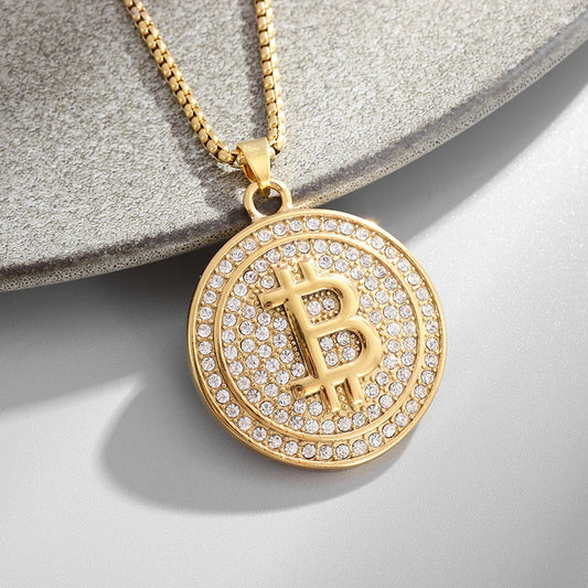 Bitcoin Pendant Necklace with Rhinestones
