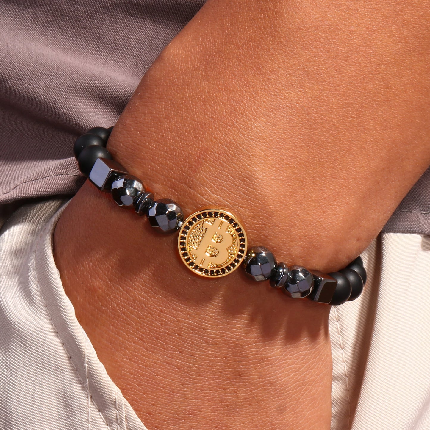 Bitcoin Black Stone Charm Unisex Bracelet