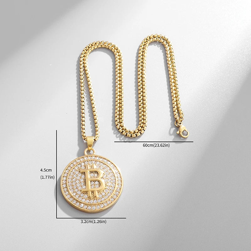 Bitcoin Pendant Necklace with Rhinestones