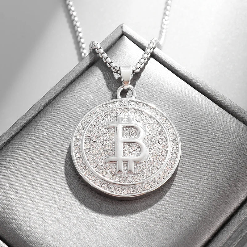 Bitcoin Pendant Necklace with Rhinestones